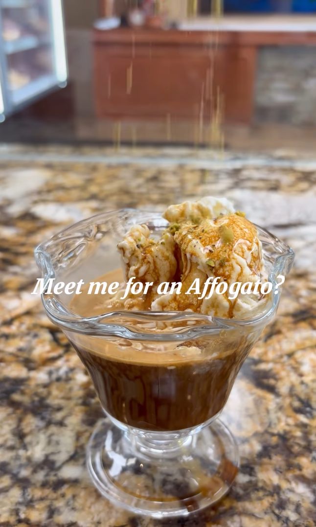 Affogato — vanilla ice cream with espresso and pistachio